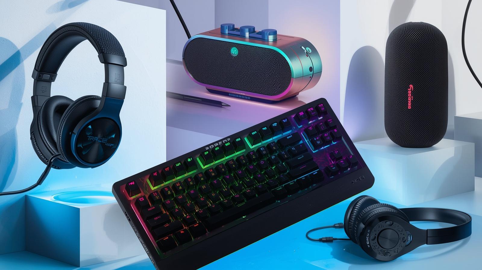 una imagen que sea llamativa para venta de audifonos, teclados, parlantes